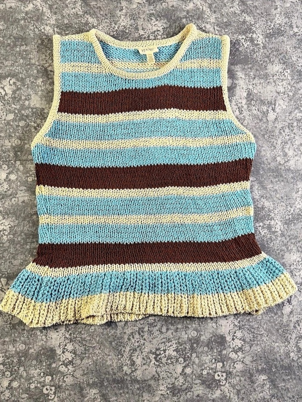 greige Striped Open Knit Peplum Tank Top Blue Cream Brown Size Large